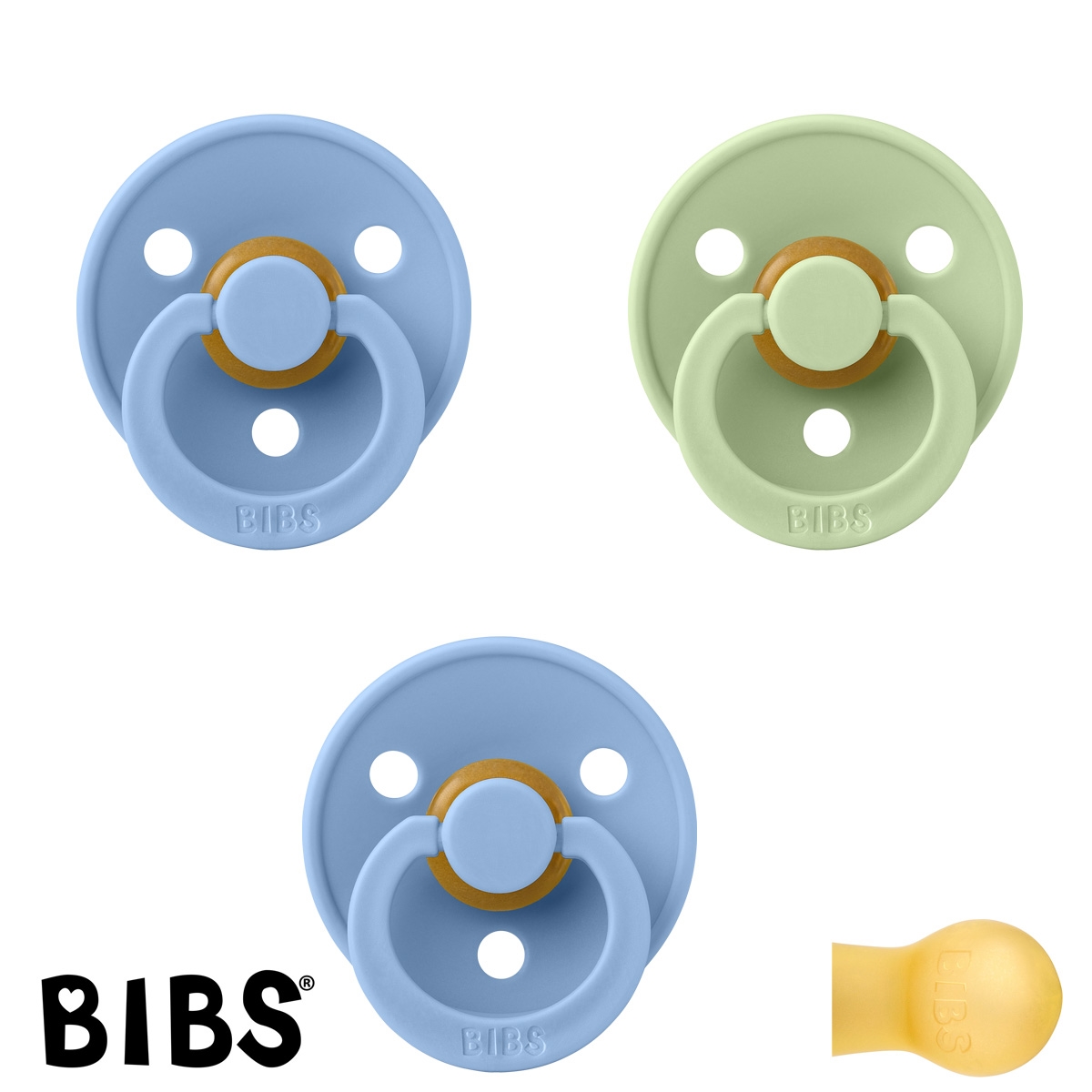 BIBS Colour Sutter med navn str2, 1 Pistachio, 2 Sky Blue, Runde latex, Pakke med 3 sutter