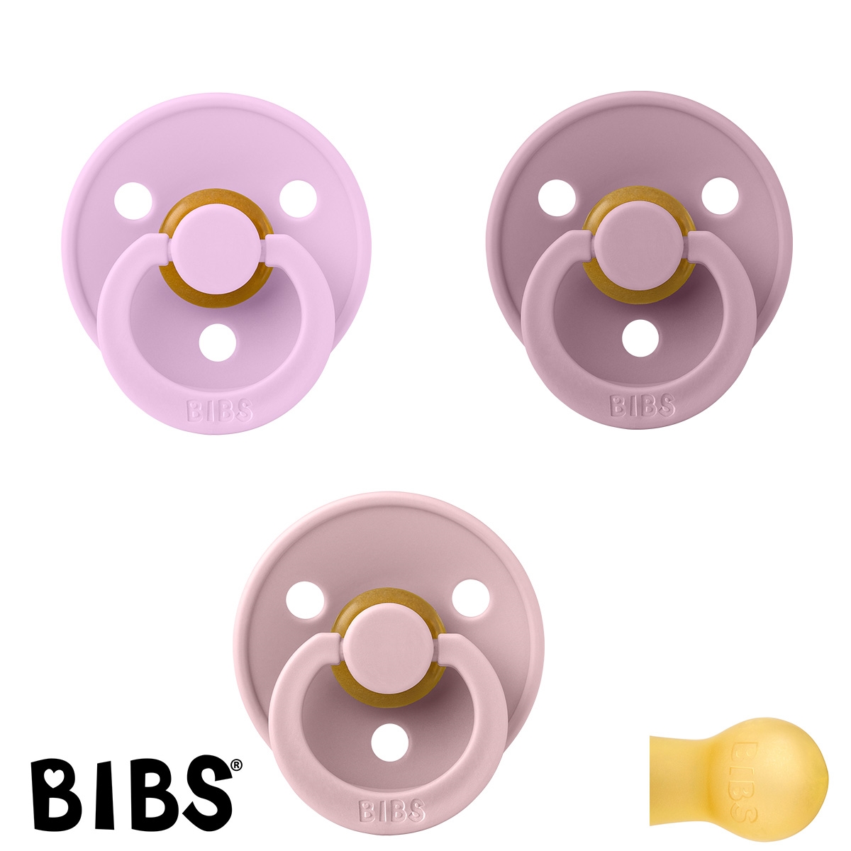 BIBS Colour, Sutter med navn (Str 2/ 6+ mdr.) - 3 pak, Violet Sky, Heather & Pink Plum (Rund Latex)