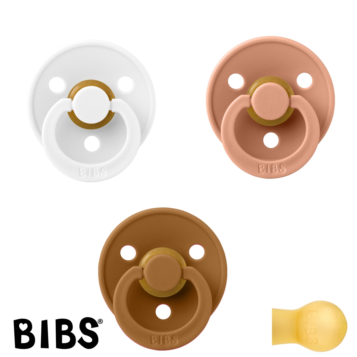BIBS Colour Sutter med navn str2, 1 Caramel, 1 White, 1 Peach, Runde latex, Pakke med 3 sutter