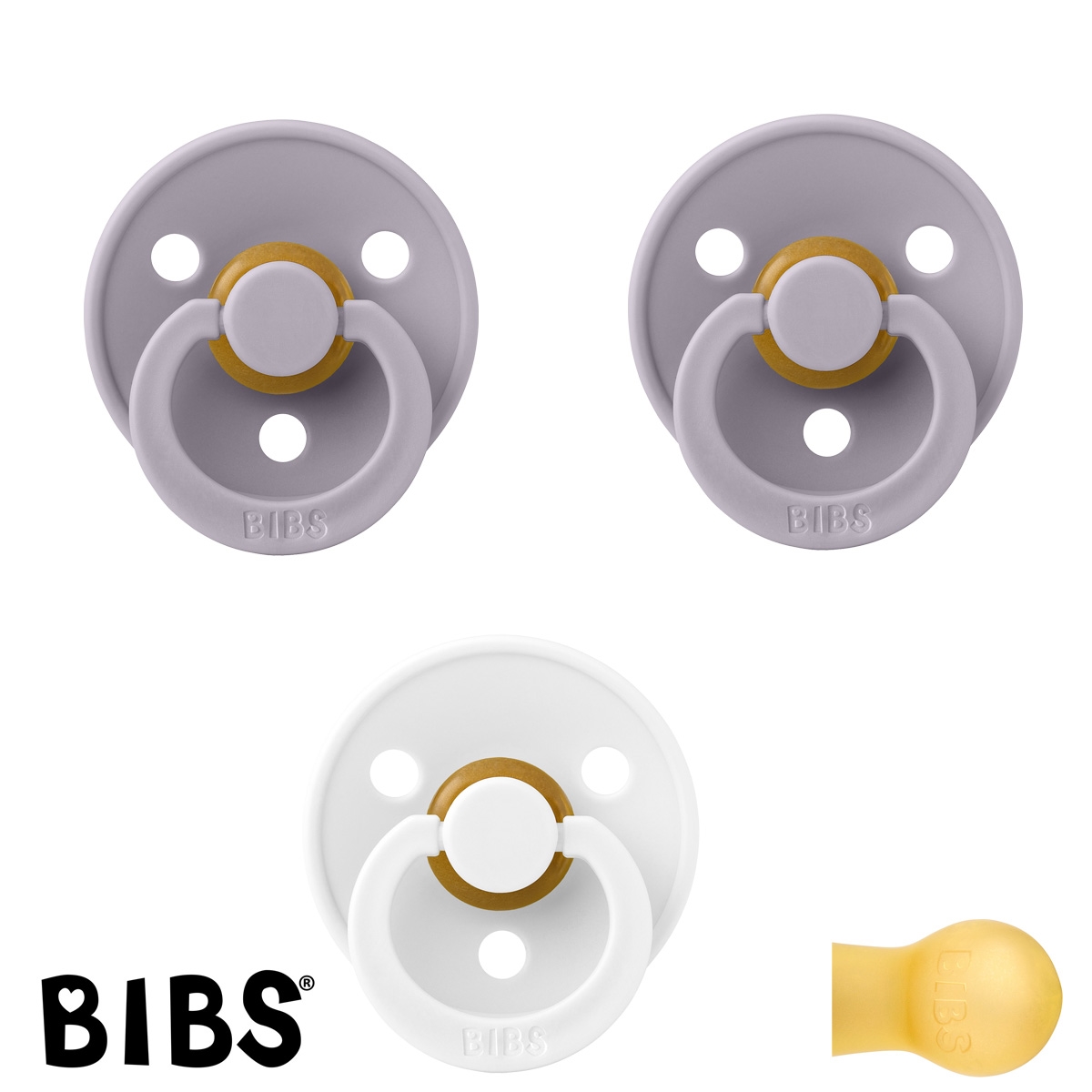 BIBS Colour Sutter med navn str2, 2 Fossil Grey, 1 White, Runde latex, Pakke med 3 sutter