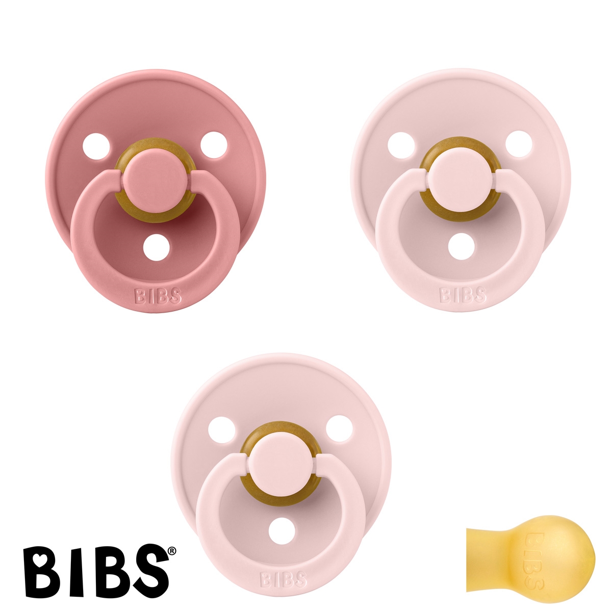 BIBS Colour Sutter med navn str 1, 1 Dusty Pink, 2 Blossom, Runde latex, Pakke med 3 sutter