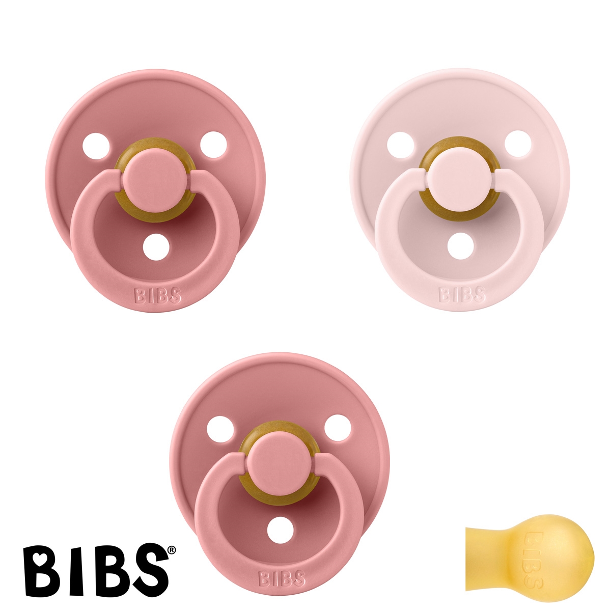 BIBS Colour Sutter med navn str1, 2 Dusty Pink, 1 Blossom, Runde latex, Pakke med 3 sutter