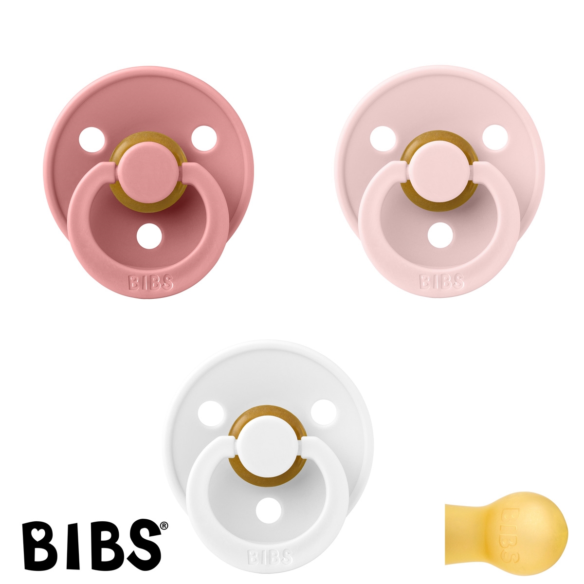 BIBS Colour Sutter med navn str1, 1 White, 1 Dusty Pink, 1 Blossom, Runde latex, Pakke med 3 sutter