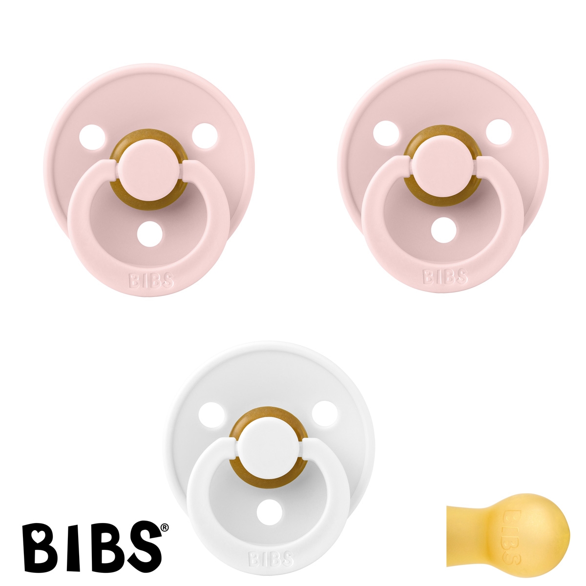 BIBS Colour Sutter med navn str 1, 1 White, 2 Blossom, Runde latex, Pakke med 3 sutter