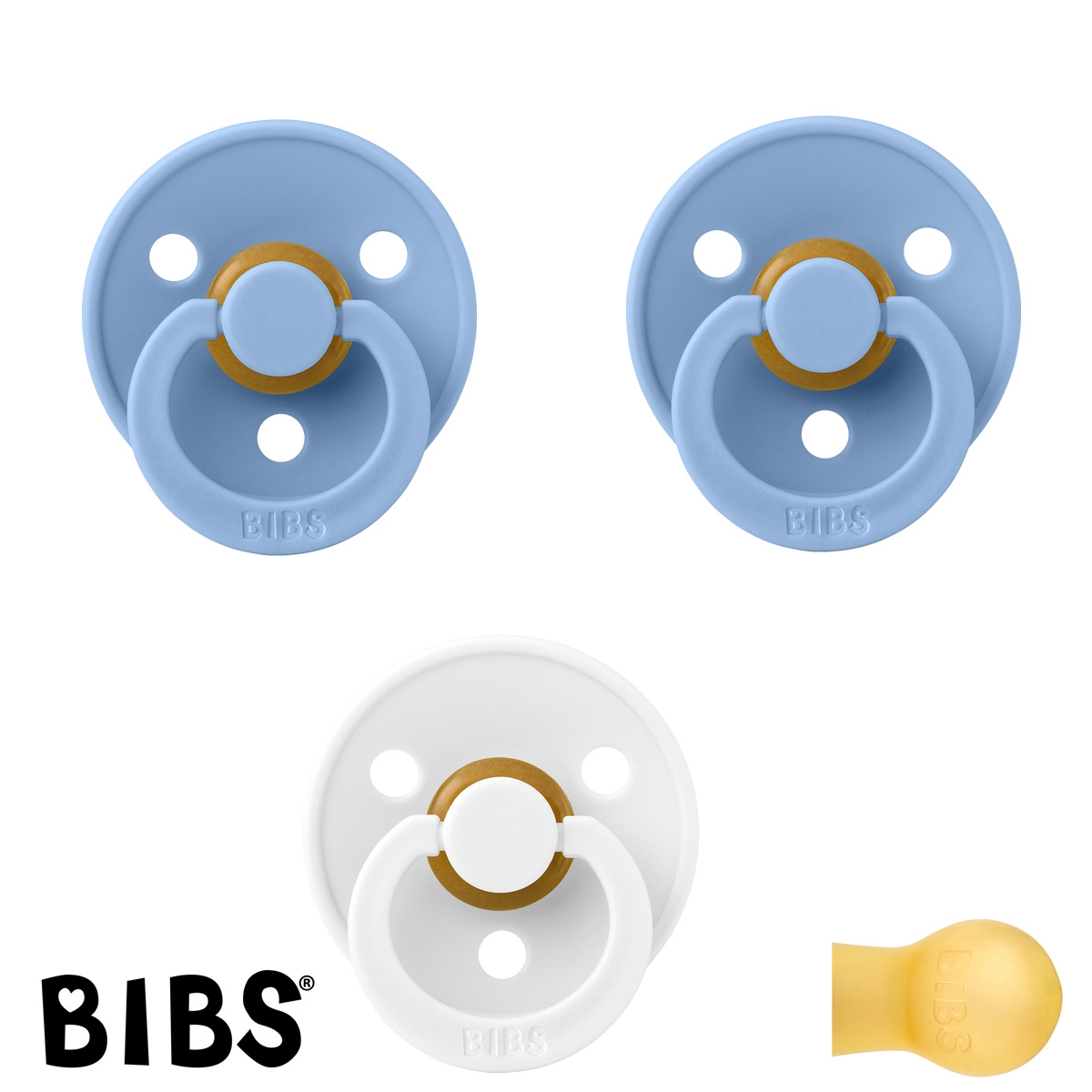 BIBS Colour Sutter med navn str1, 2 Sky Blue, 1 White, Runde latex, Pakke med 3 sutter