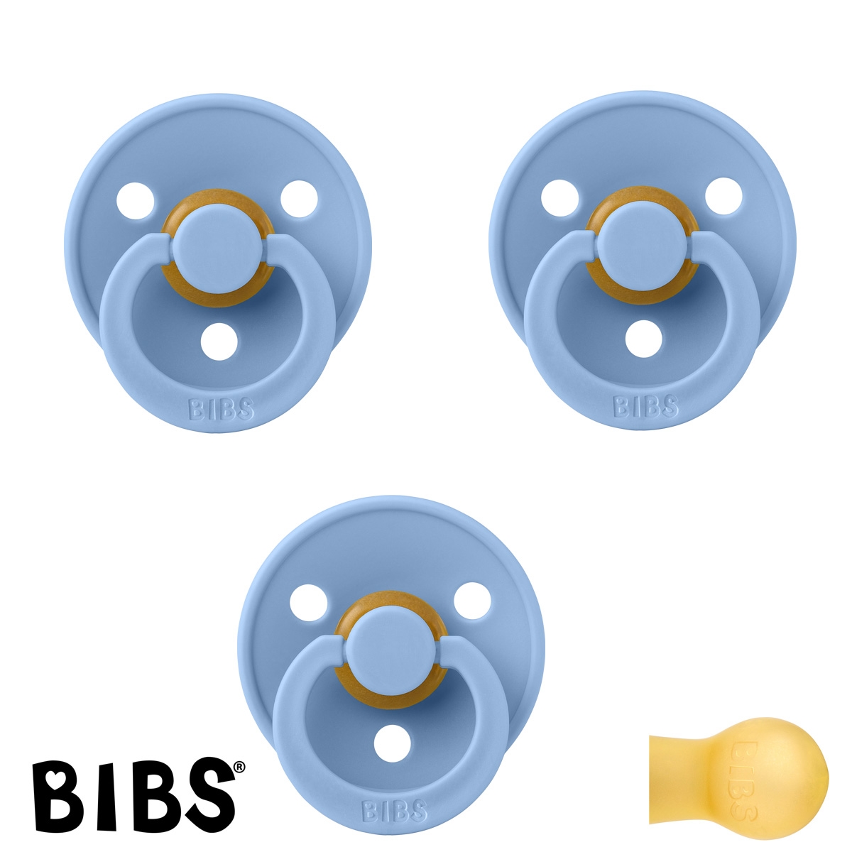 BIBS Colour Sutter med navn str1, 3 Sky Blue, Runde latex, Pakke med 3 sutter
