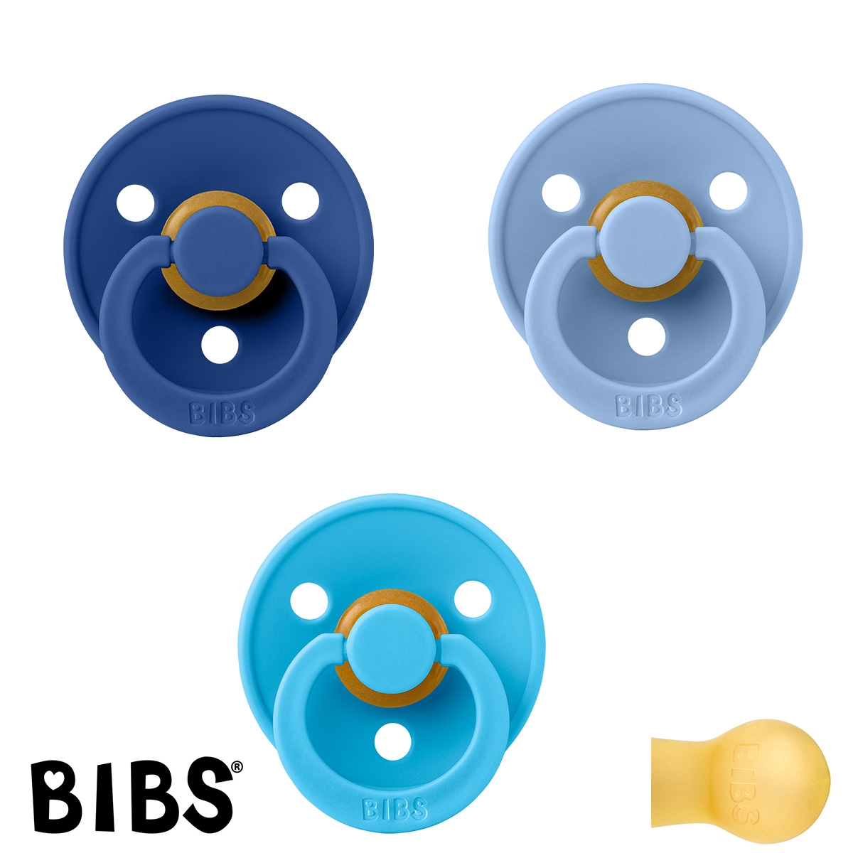 BIBS Colour Sutter med navn str 1, 1 Cornflower, 1 Matcha, 1 Sky Blue, Runde latex, Pakke med 3 sutter