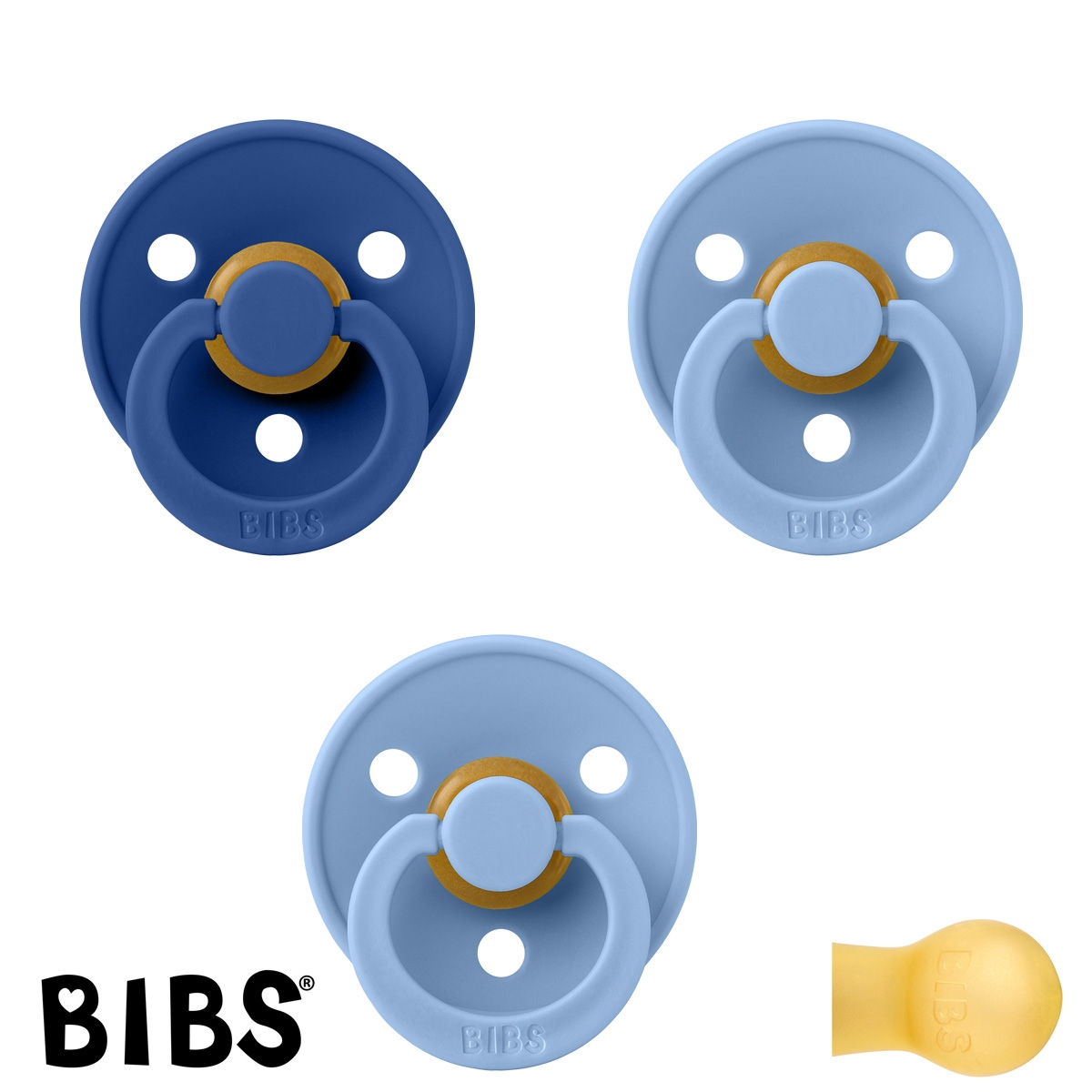 BIBS Colour Sutter med navn str 1, 1 Cornflower, 2 SkyBlue, Runde latex, Pakke med 3 sutter