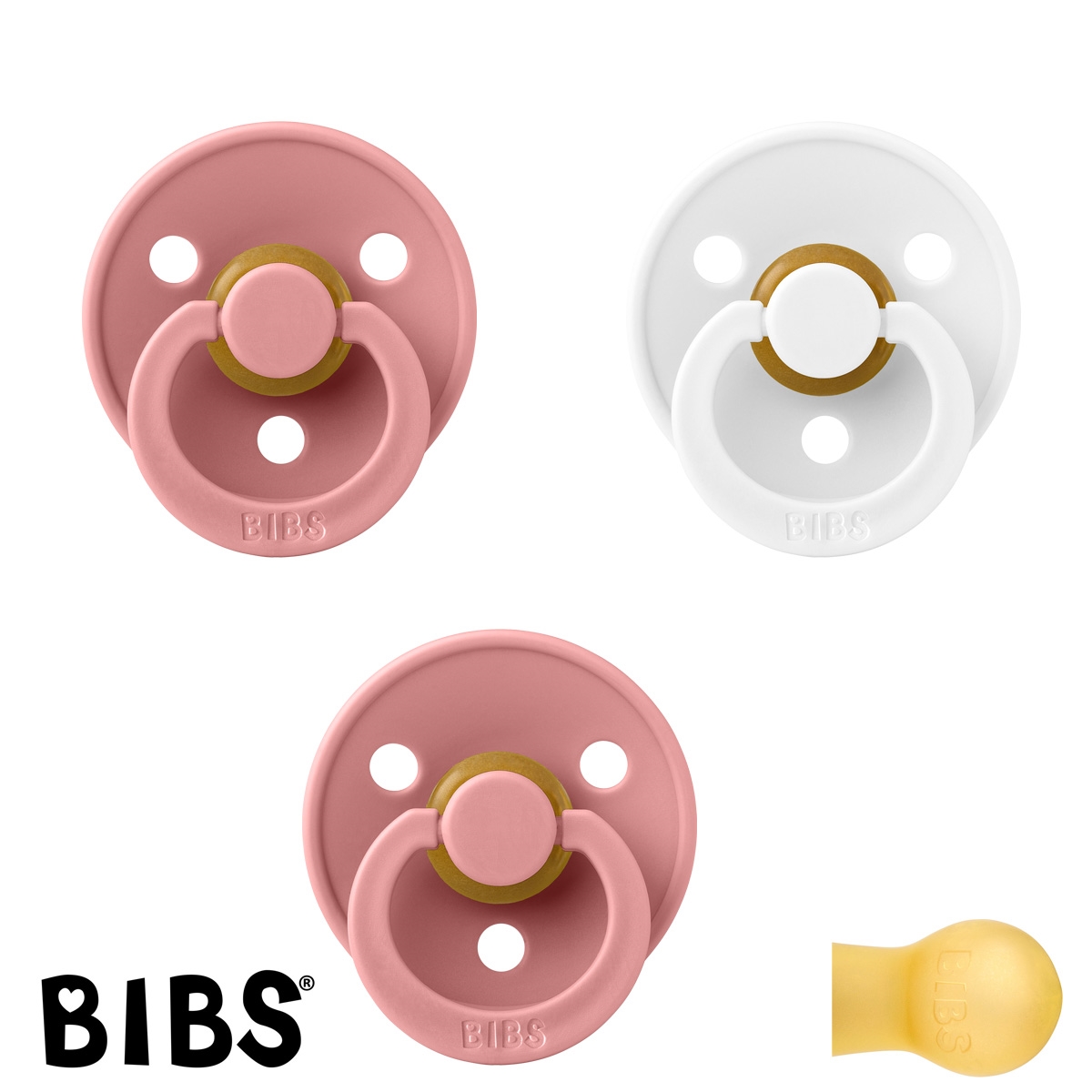 BIBS Colour Sutter med navn str1, 2 Dusty Pink, 1 White, Runde latex, Pakke med 3 sutter