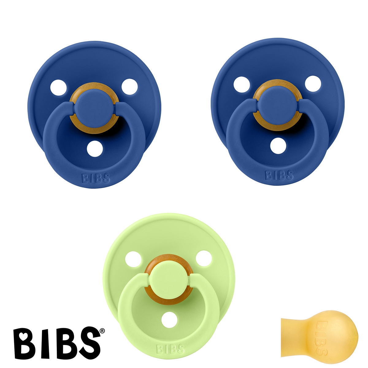 BIBS Colour Sutter med navn str 1, 2 Cornflower, 1 Matcha, Runde latex, Pakke med 3 sutter