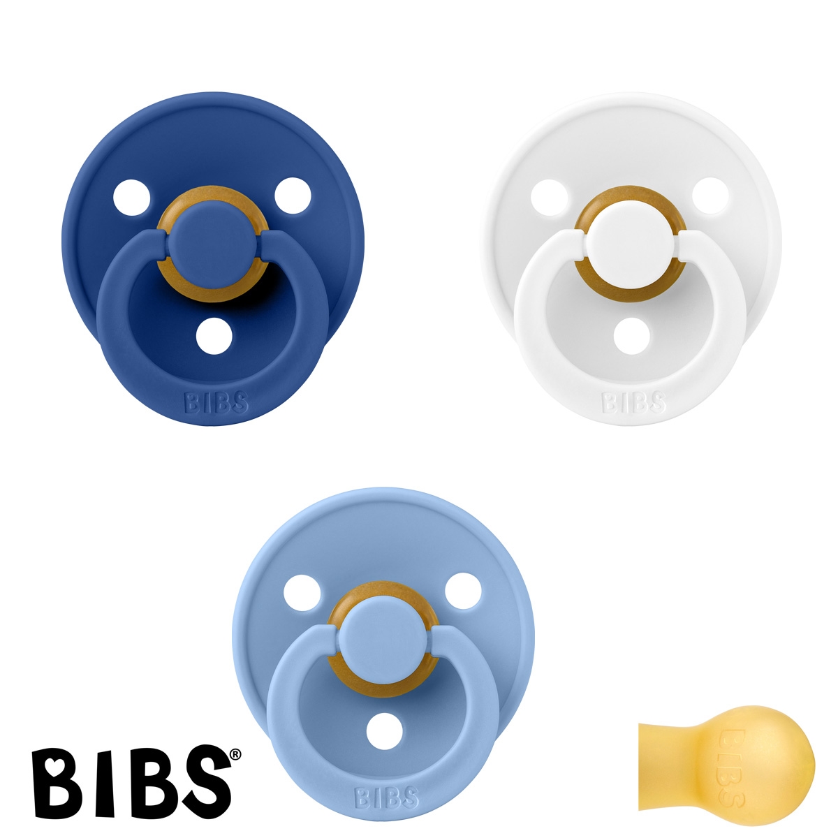 BIBS Colour, Sutter med navn (Str 1/ 0-6 mdr) - 3 pak, Cornflower, Sky Blue & White (Rund Latex)