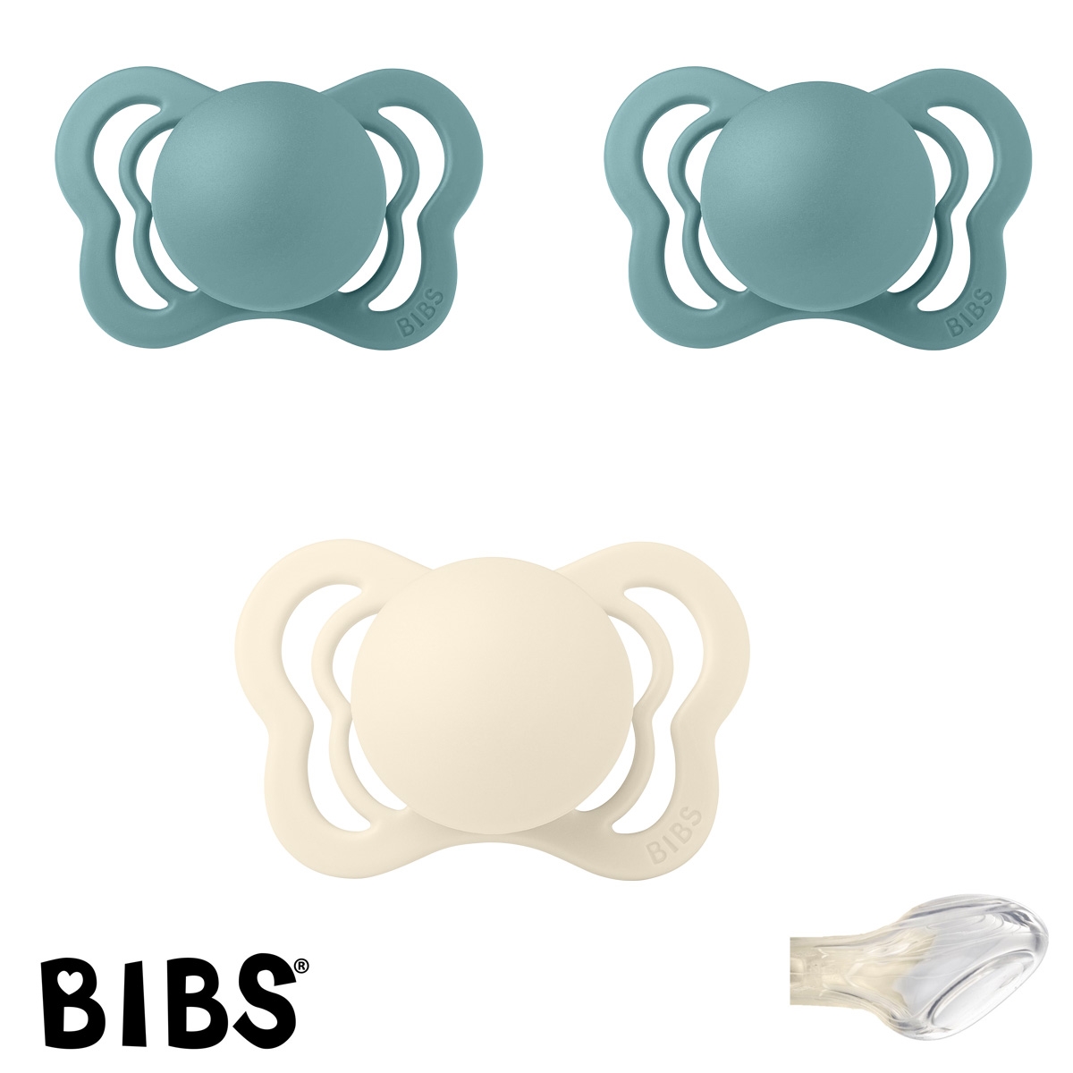 BIBS Couture Sutter med navn str1, 1 Ivory, 2 Island Sea, Anatomisk Silikone, Pakke med 3 sutter