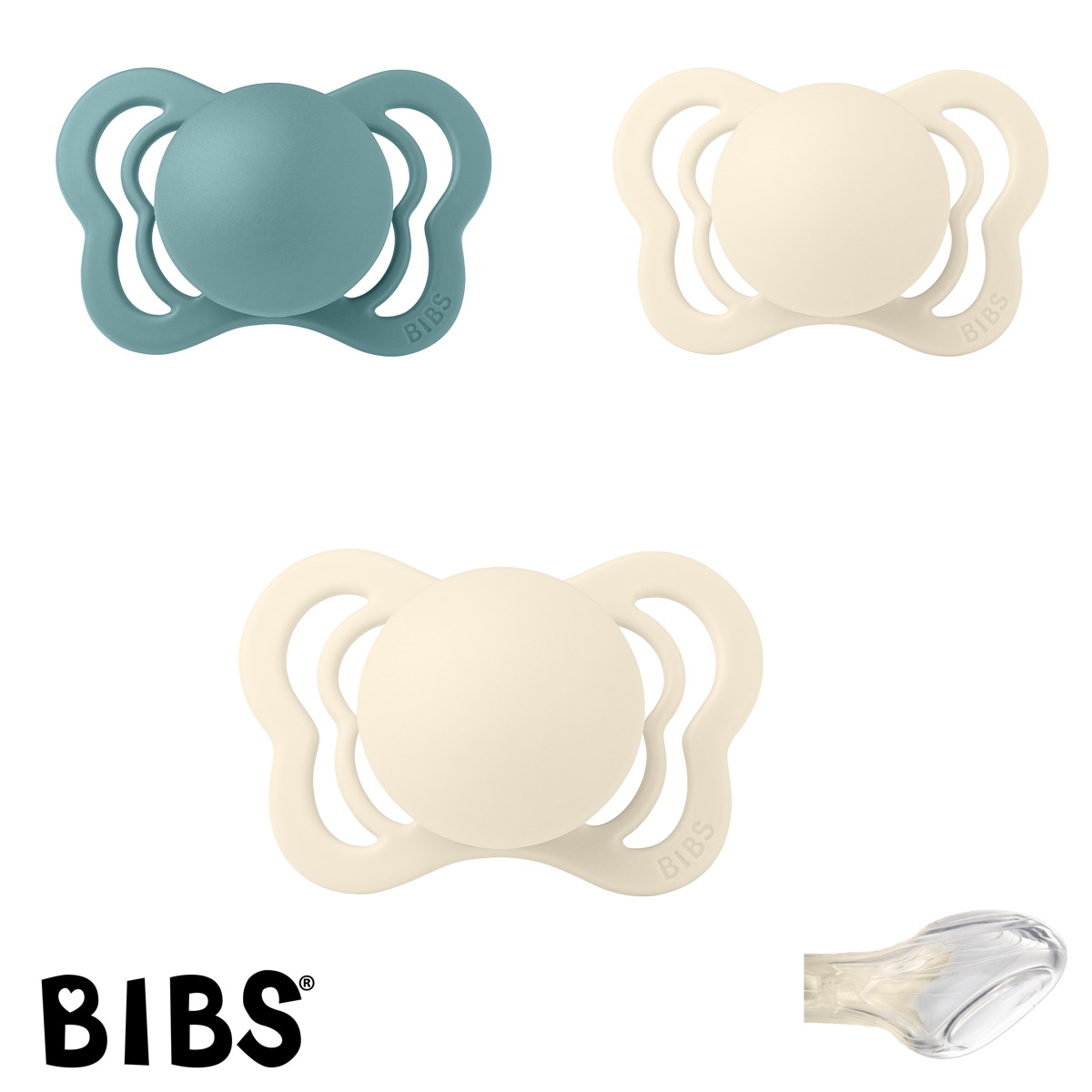 BIBS Couture Sutter med navn str1, 2 Ivory, 1 Island Sea, Anatomisk Silikone, Pakke med 3 sutter