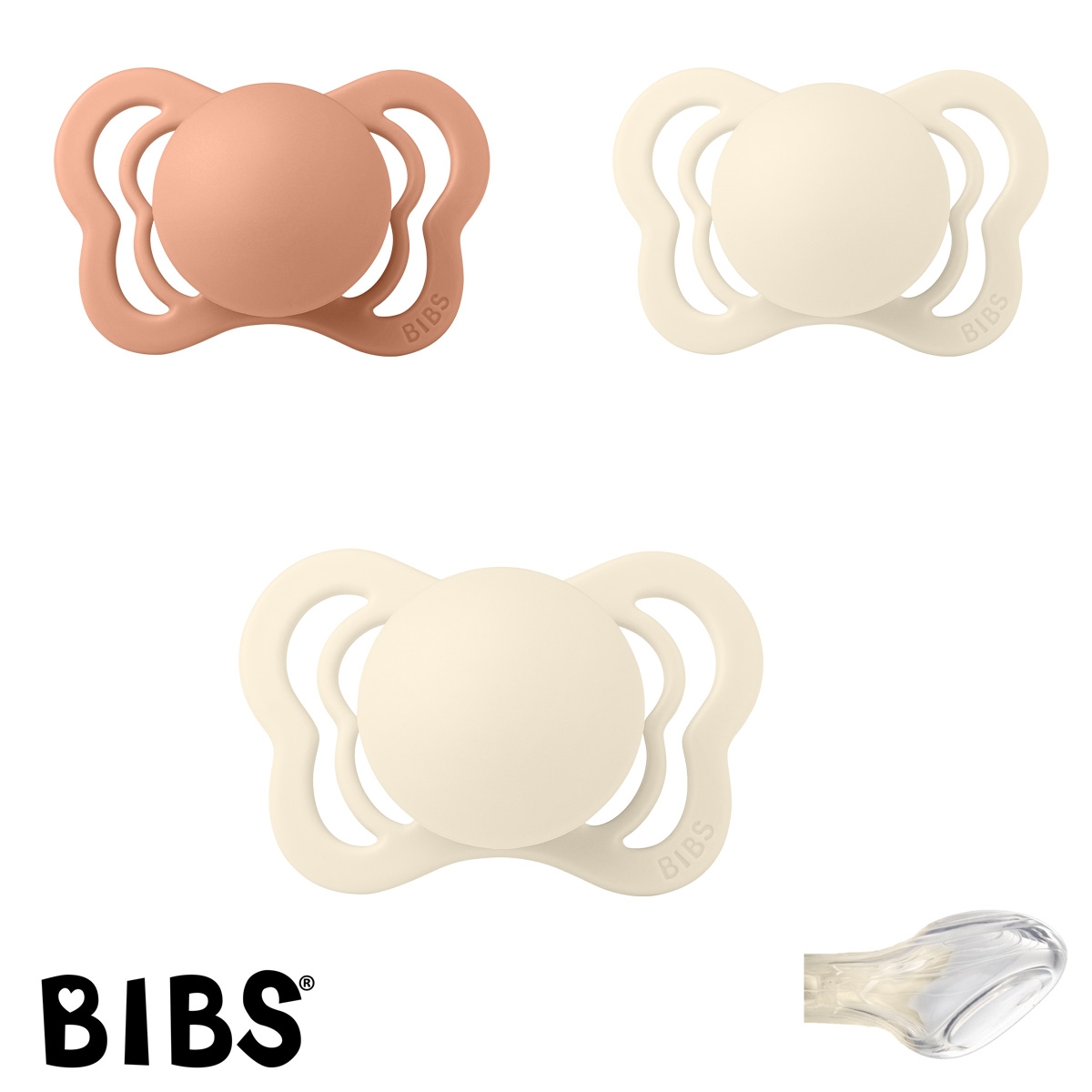 BIBS Couture Sutter med navn str1, 1 Peach, 2 Ivory, Anatomisk Silikone, Pakke med 3 sutter