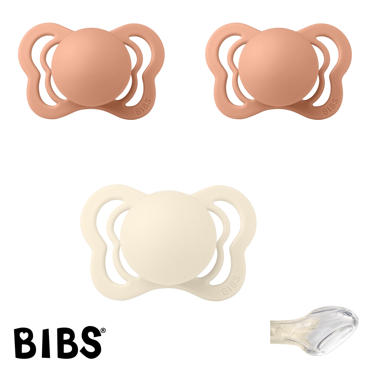 BIBS Couture Sutter med navn str1, 2 Peach, 1 Ivory, Anatomisk Silikone, Pakke med 3 sutter