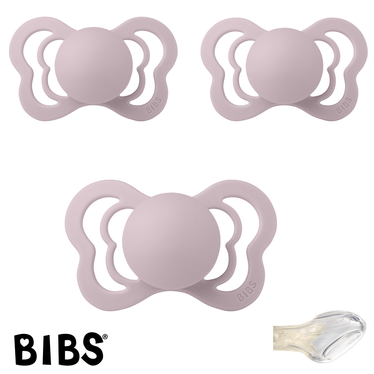 BIBS Couture Sutter med navn str2, Dusky Lilac, Anatomisk Silikone, Pakke med 3 sutter