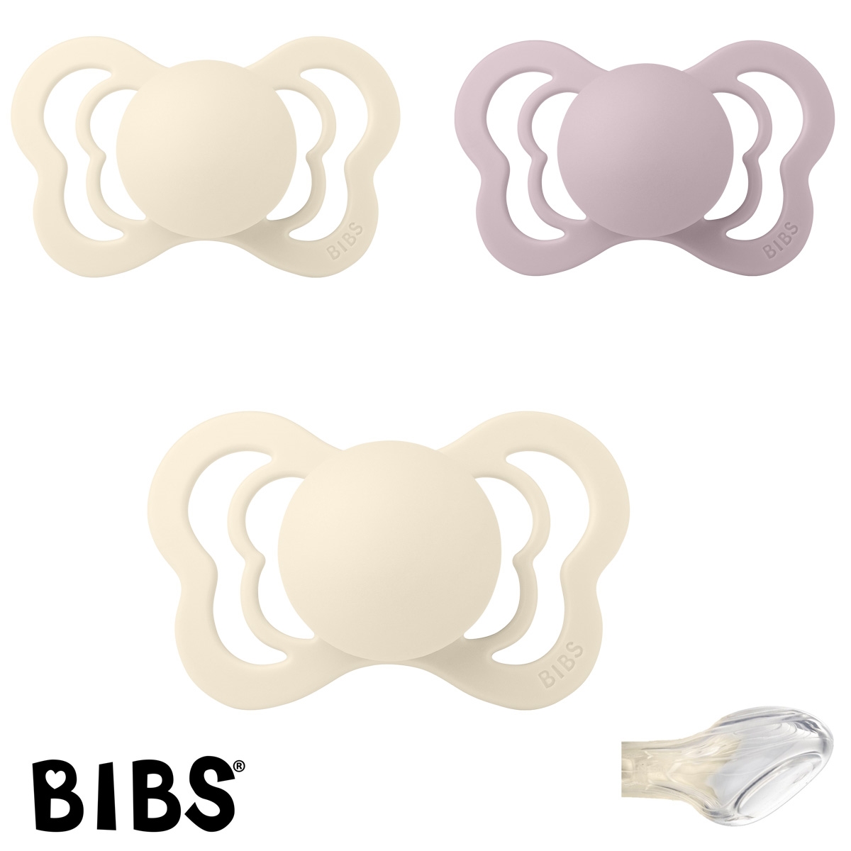 BIBS Couture Sutter med navn str2, 2 Ivory, 1 Dusky Lilac, Anatomisk Silikone, Pakke med 3 sutter