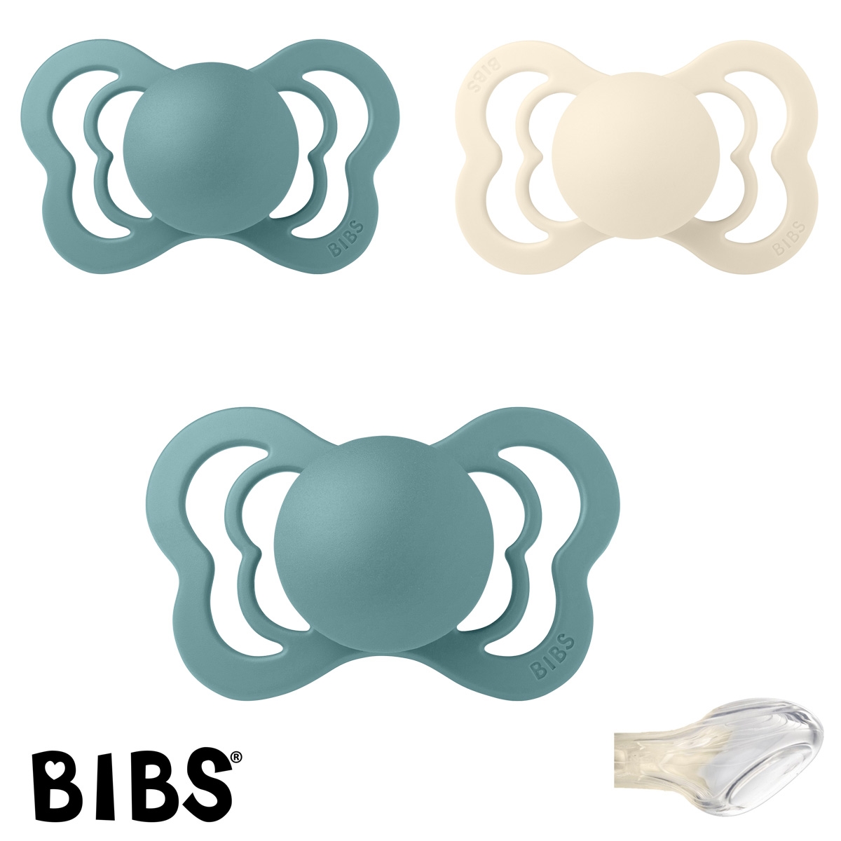 BIBS Couture Sutter med navn str2, 2 Island Sea, 1 Ivory, Anatomisk Silikone, Pakke med 3 sutter