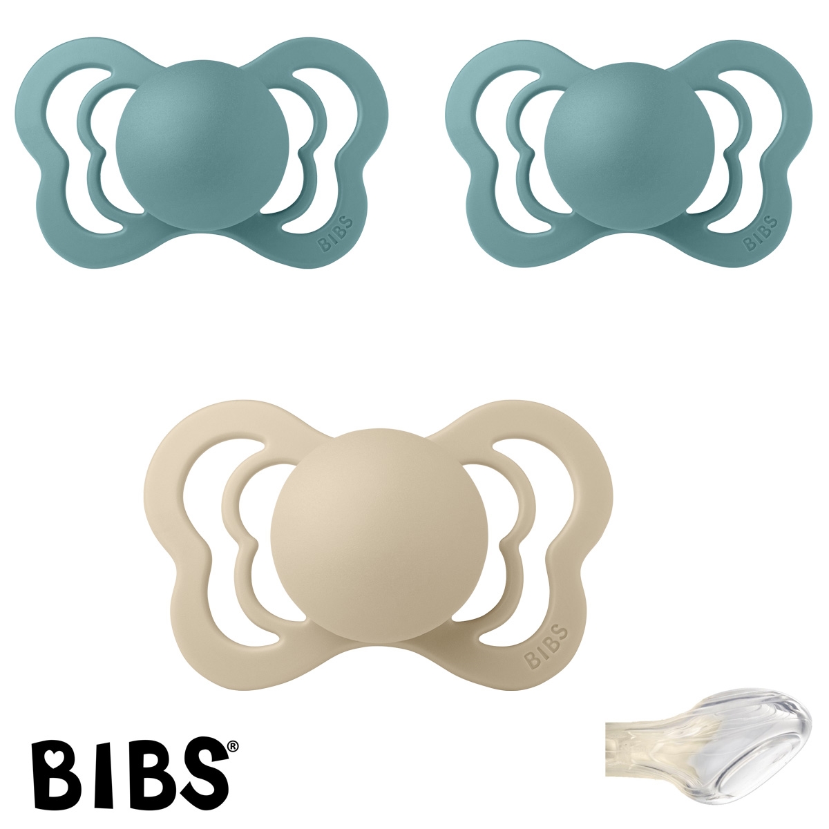 BIBS Couture Sutter med navn str2, 2 Island Sea, 1 Vanilla, Anatomisk Silikone, Pakke med 3 sutter