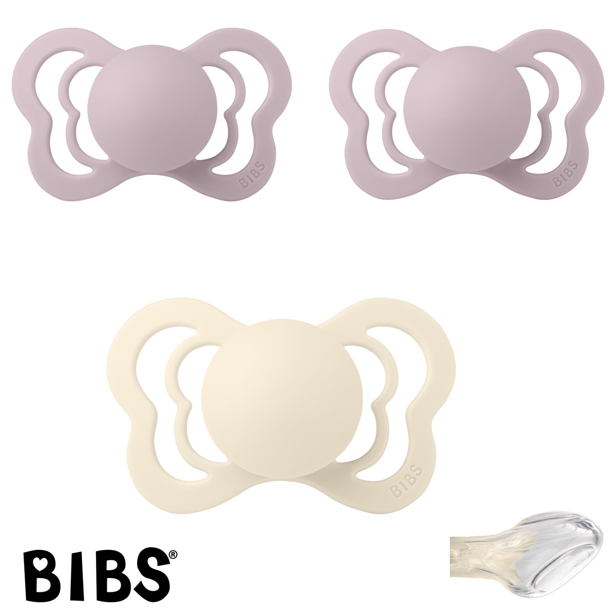 BIBS Couture Sutter med navn str2, 1 Ivory, 2 Dusky Lilac, Anatomisk Silikone, Pakke med 3 sutter