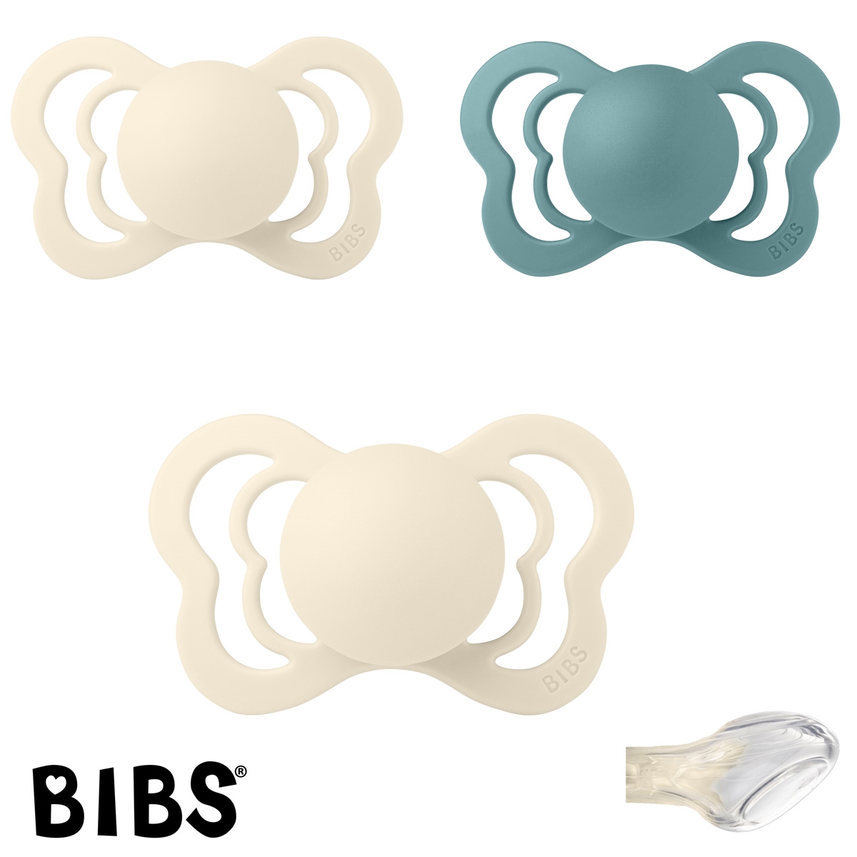 BIBS Couture Sutter med navn str2, 1 Island Sea, 2 Ivory, Anatomisk Silikone, Pakke med 3 sutter