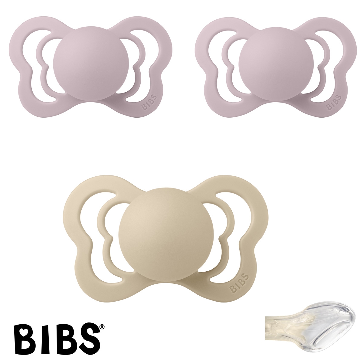 BIBS Couture Sutter med navn str2, 1 Vanilla, 2 Dusky Lilac, Anatomisk Silikone, Pakke med 3 sutter