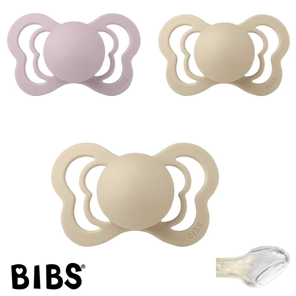 BIBS Couture Sutter med navn str2, 2 Vanilla, 1 Dusky Lilac, Anatomisk Silikone, Pakke med 3 sutter