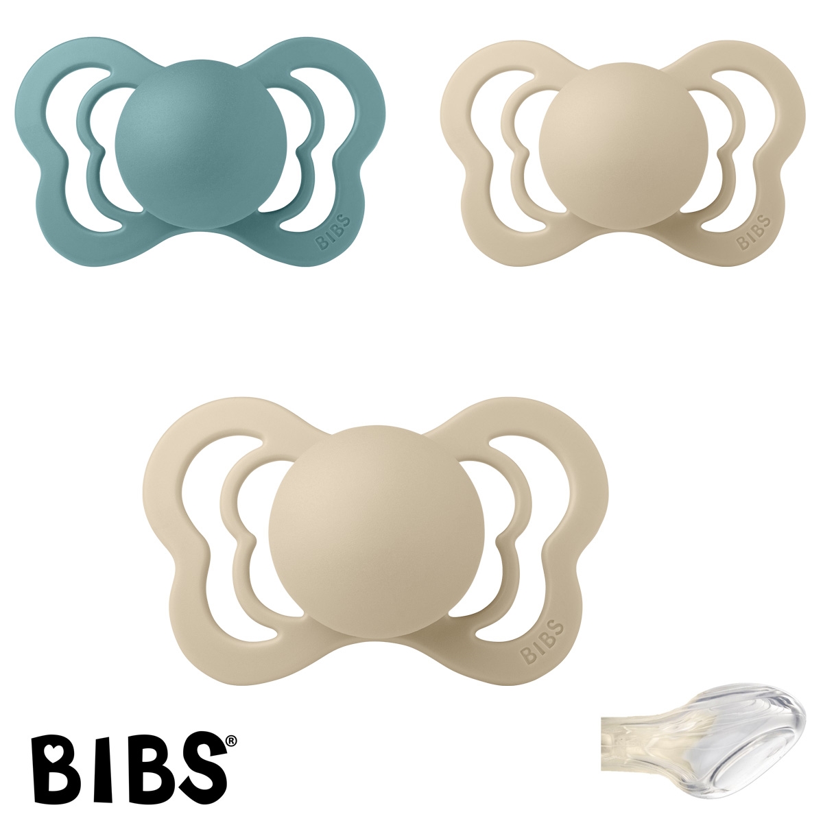 BIBS Couture Sutter med navn str2, 1 Island Sea, 2 Vanilla, Anatomisk Silikone, Pakke med 3 sutter