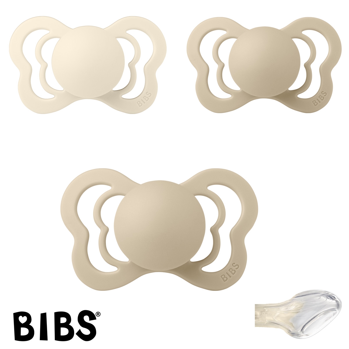 BIBS Couture Sutter med navn str2, 1 Ivory, 2 Vanilla, Anatomisk Silikone, Pakke med 3 sutter