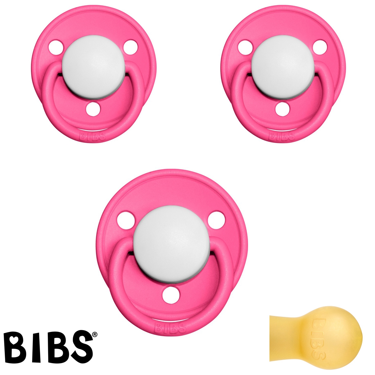 Bibs de Lux sutter med navn (Raspberry- HK) Runde Latex str.2, 3 pack