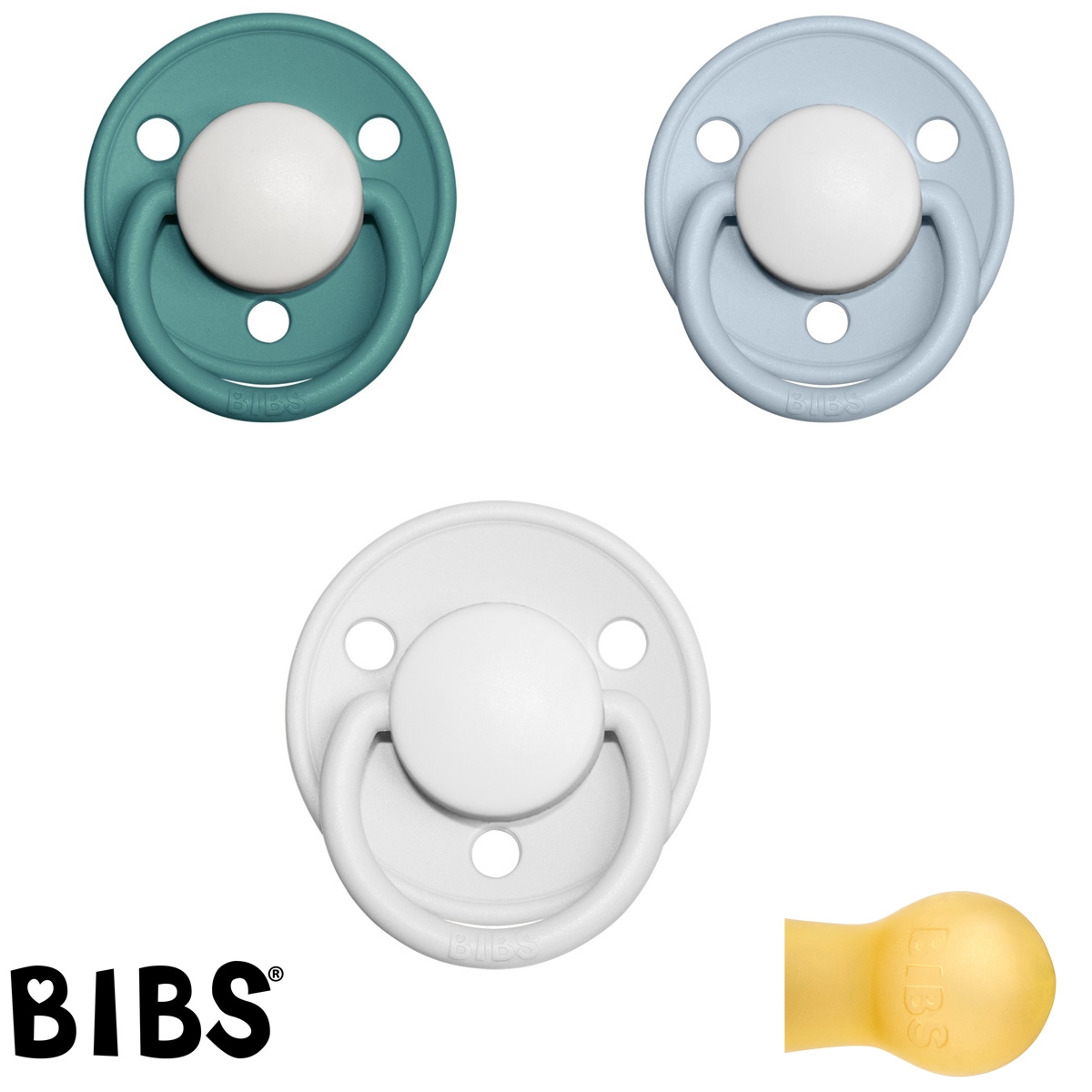 Bibs de Lux sutter med navn (Babyblue+White+Island Sea -HK) Runde Latex str.1, 3 pack