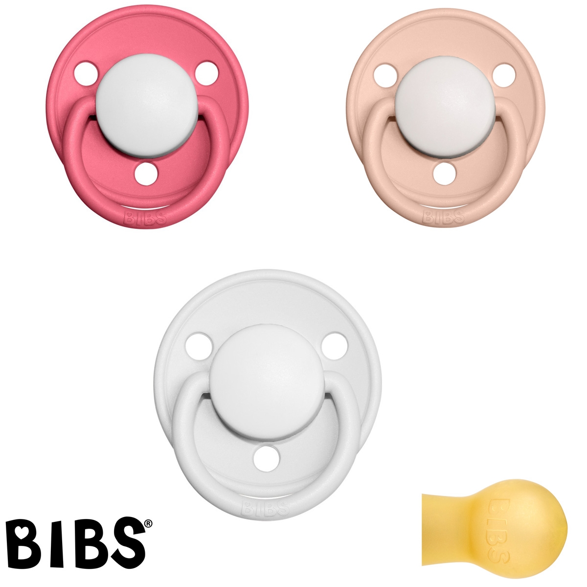 Bibs de Lux sutter med navn (Blush+White+Coral -HK) Runde Latex str.1, 3 pack