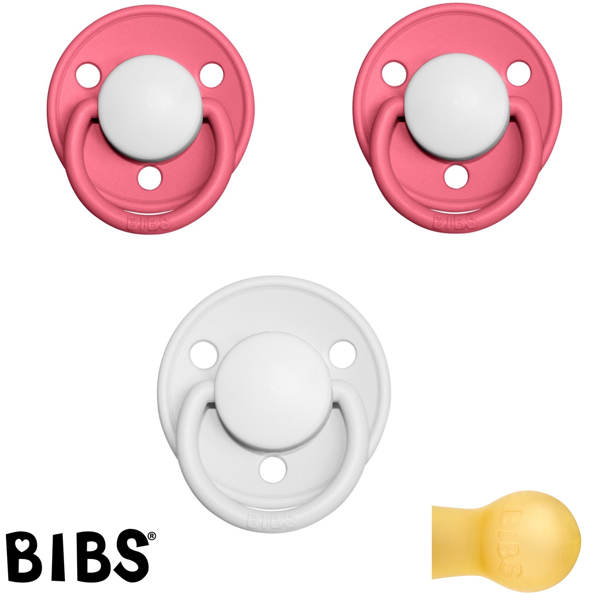 Bibs de Lux sutter med navn (2 Coral+ 1 White -HK) Runde Latex str.1, 3 pack