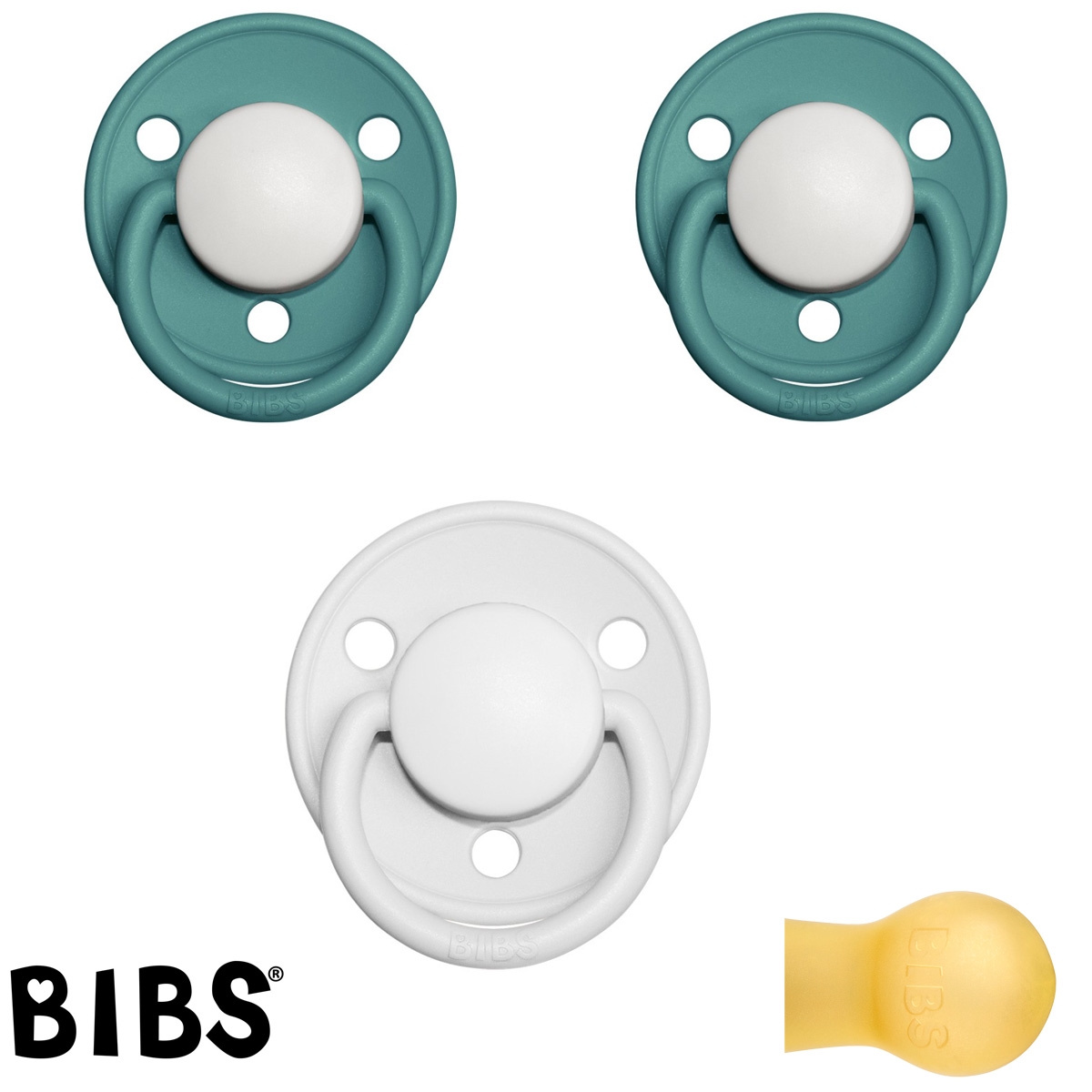 Bibs de Lux sutter med navn (2 Island Sea+ 1 White -HK) Runde Latex str.1, 3 pack