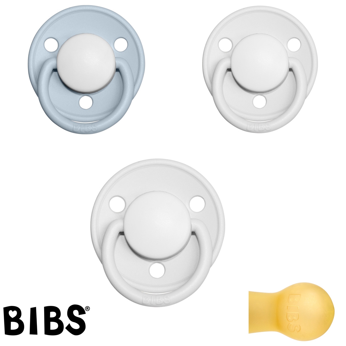 Bibs de Lux sutter med navn (2 White + 1 Babyblue-HK) Runde Latex str.1, 3 pack