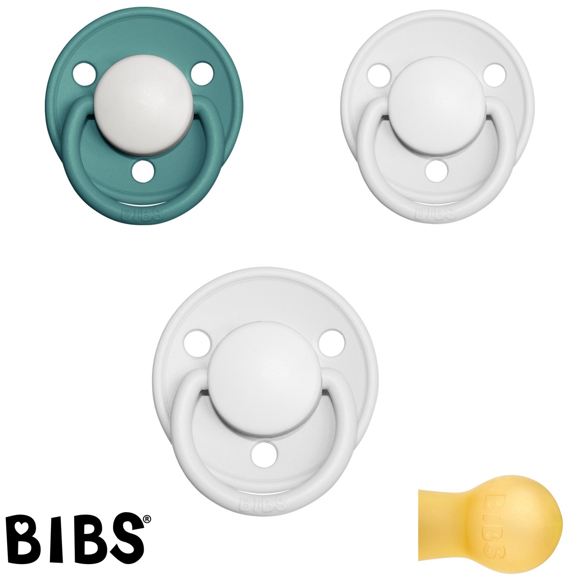 Bibs de Lux sutter med navn (2 White + 1 Island Sea-HK) Runde Latex str.1, 3 pack