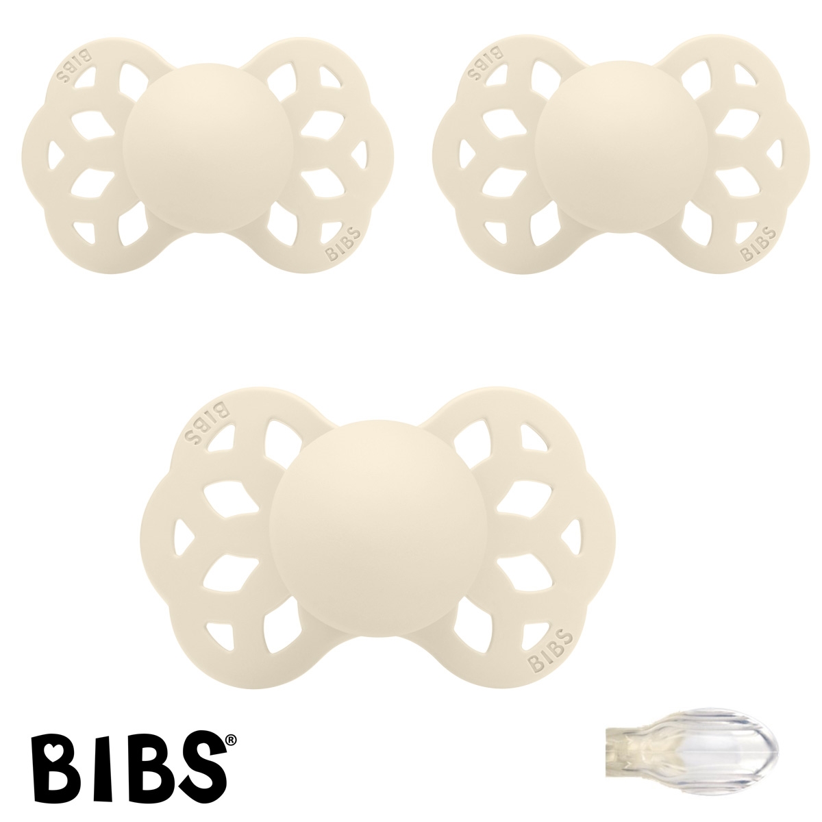 BIBS Infinty Sutter med navn str1, 3 Ivory, Symmetrisk Silikone, Pakke med 3 sutter