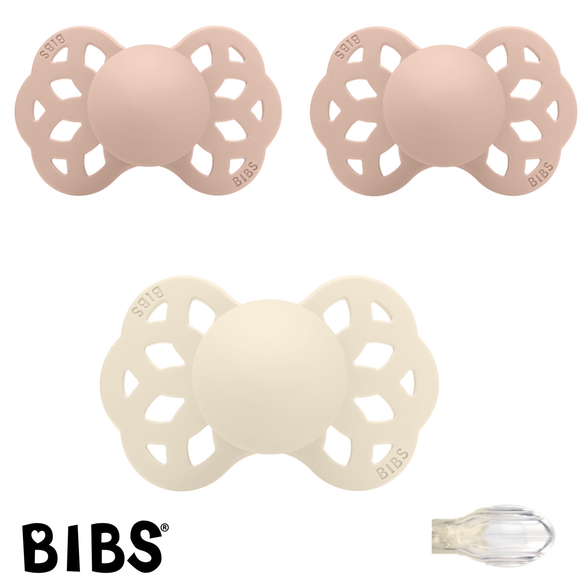 BIBS Infinty Sutter med navn str 1, 2 Blush, 1 Ivory, Symmetrisk Silikone, Pakke med 3 sutter