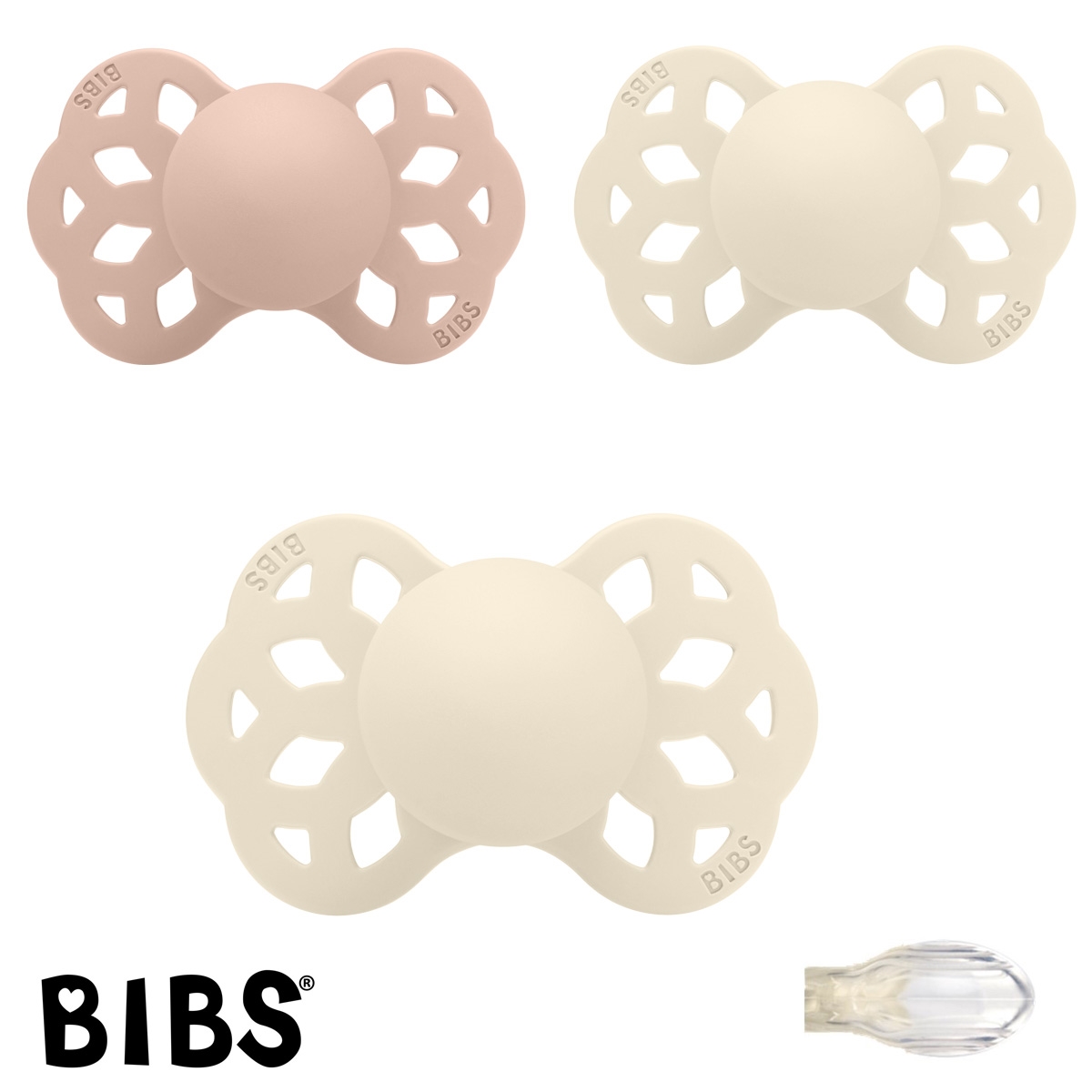 BIBS Infinty Sutter med navn str1, 1 Blush, 2 Ivory, Symmetrisk Silikone, Pakke med 3 sutter