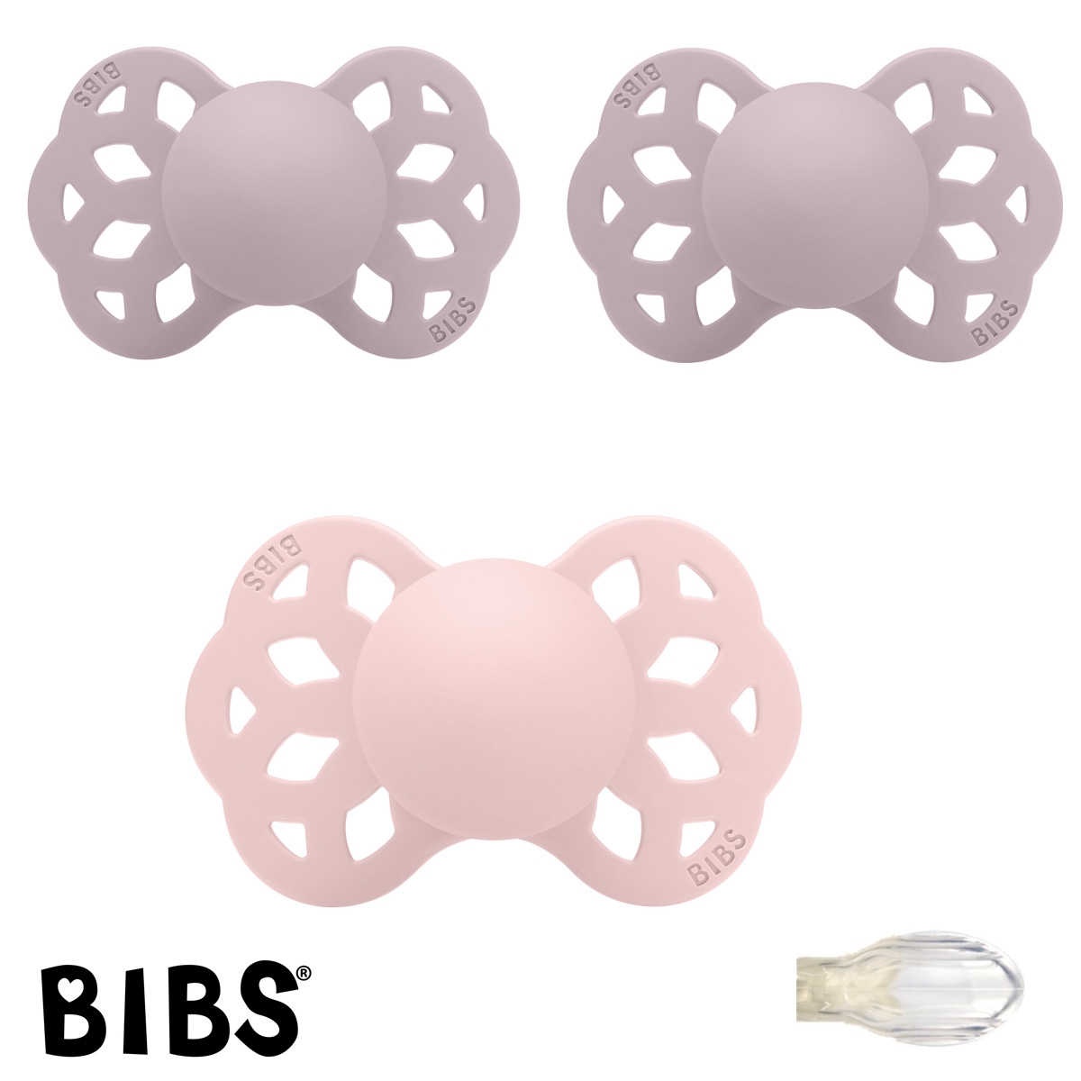 BIBS Infinity Sutter med navn str2, 1 Blossom, 2 Dusky Lilac Symmetrisk Silikone, Pakke med 3 sutter