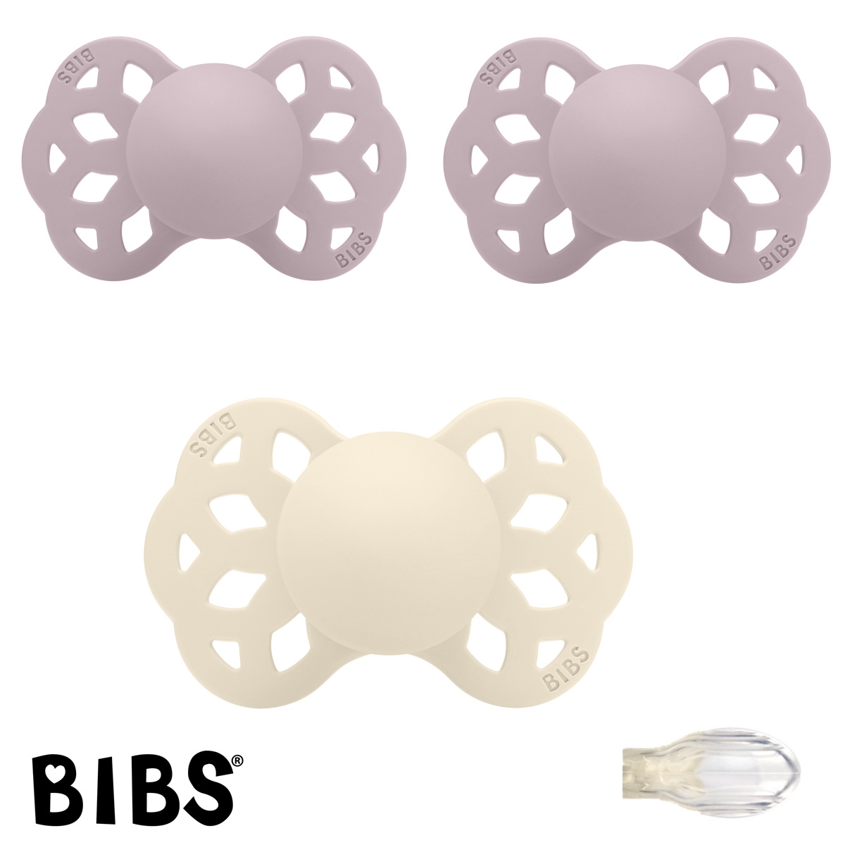 BIBS Infinity Sutter med navn str2, 1 Ivory, 2 Dusky Lilac Symmetrisk Silikone, 2 Pakke med 3 sutter