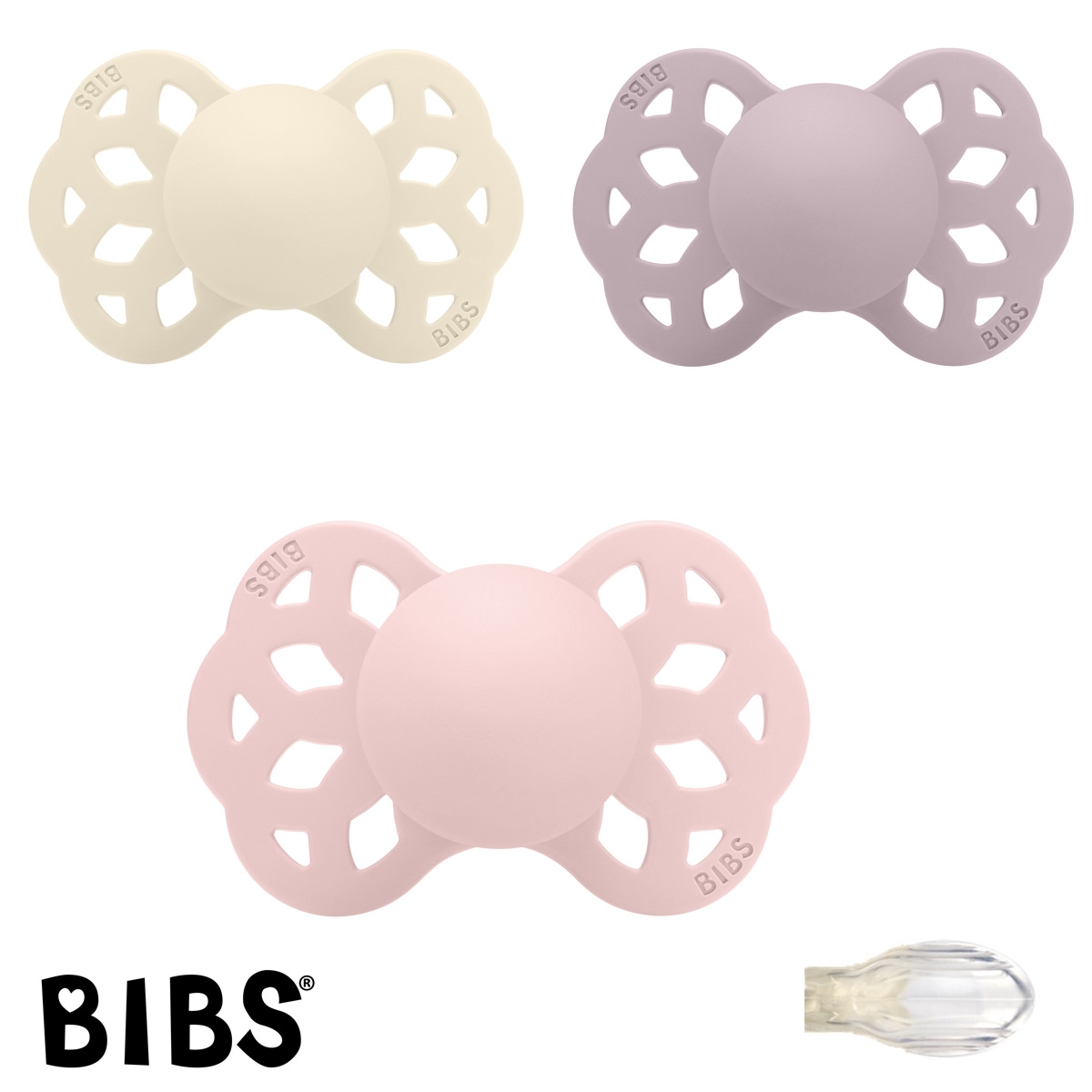 BIBS Infinity Sutter med navn str2, 1 Blossom, 1 Ivory, 1 Dusky Lilac, Symmetrisk Silikone, Pakke med 3 sutter