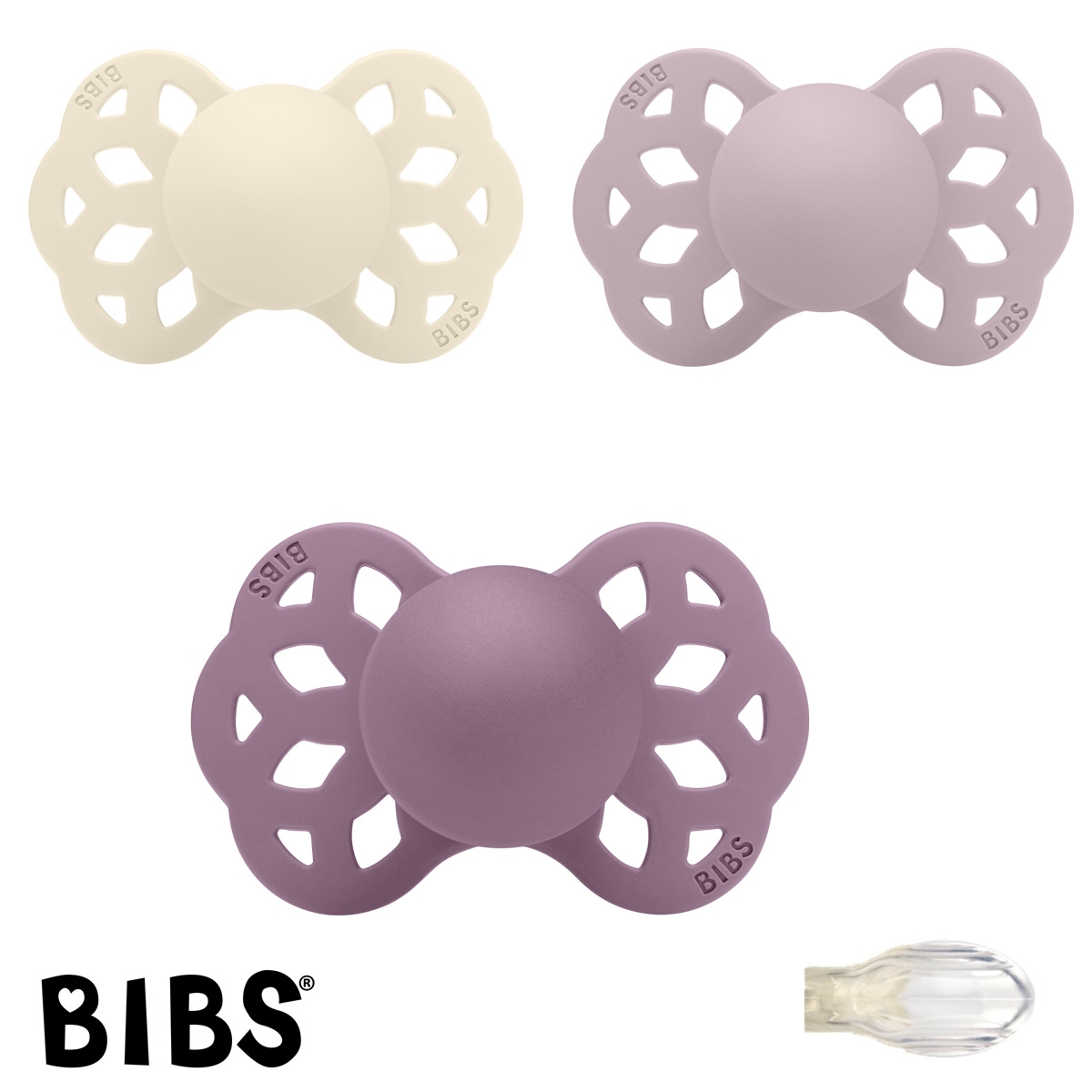 BIBS Infinity Sutter med navn str2, 1 Mauve, 1 Ivory, 1 Dusky Lilac, Symmetrisk Silikone, Pakke med 3 sutter
