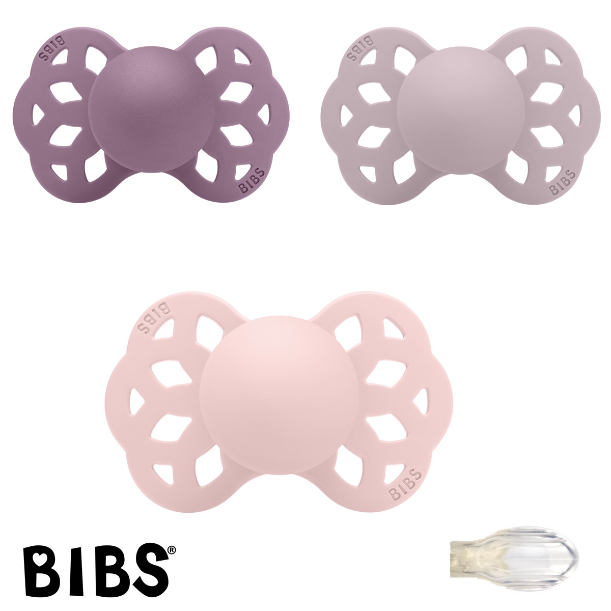 BIBS Infinity Sutter med navn str2, 1 Blossom, 1 Mauve, 1 Dusky Lilac, Symmetrisk Silikone, Pakke med 3 sutter