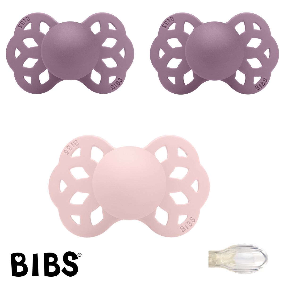 BIBS Infinity Sutter med navn str2, 1 Blossom, 2 Mauve, Symmetrisk Silikone, Pakke med 3 sutter