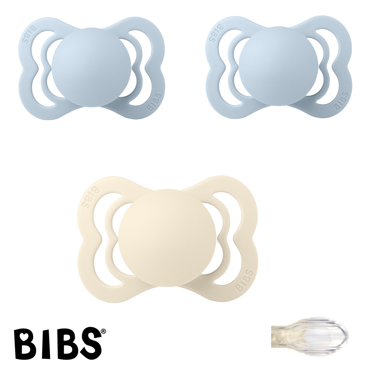 BIBS Supreme Sutter med navn, 1 Ivory, 2 Baby Blue, Symmetrisk Silikone str.1 Pakke med 3 sutter