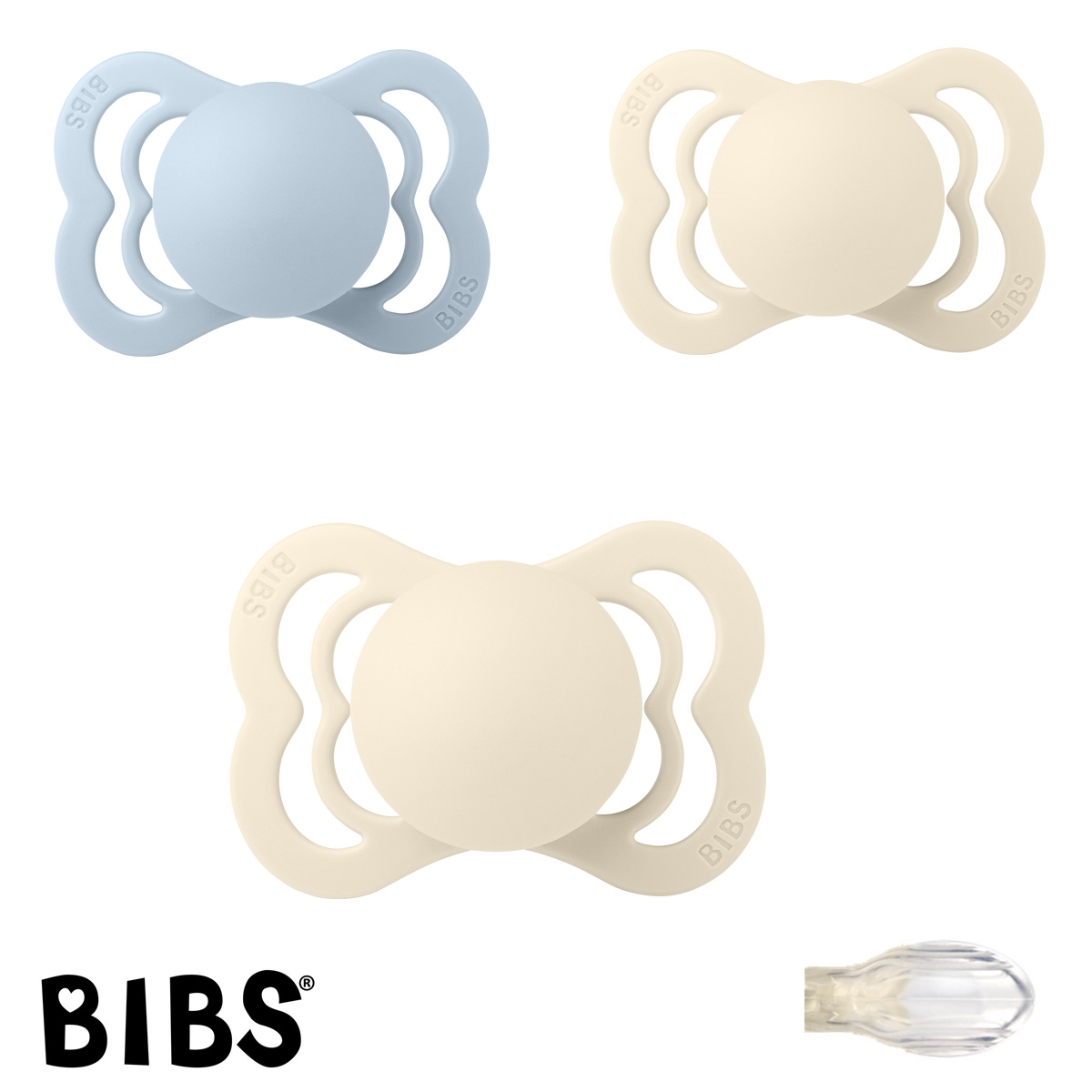 BIBS Supreme Sutter med navn, 2 Ivory, 1 Baby Blue, Symmetrisk Silikone str.1 Pakke med 3 sutter
