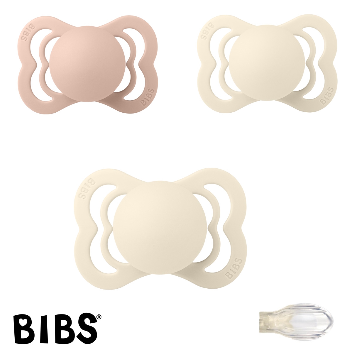 BIBS Supreme Sutter med navn, 2 Ivory, 1 Blush, Symmetrisk Silikone str.1 Pakke med 3 sutter