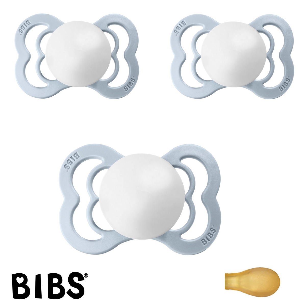 BIBS Supreme Sutter med navn, 3 Babyblue, Symmetrisk Latex str.1 Pakke med 3 sutter
