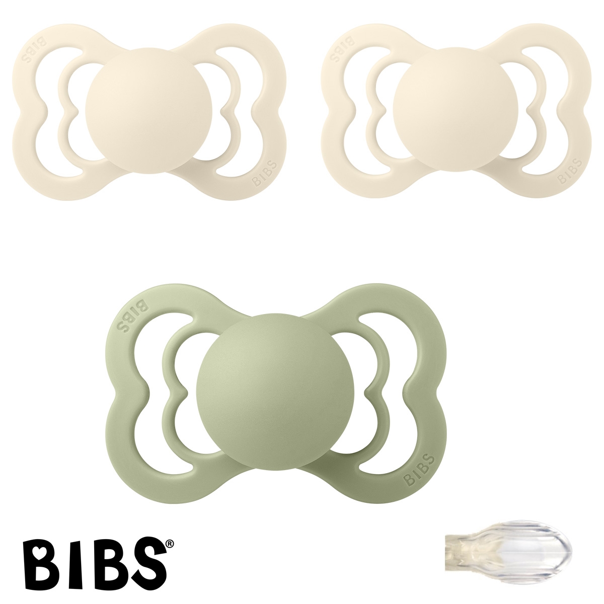 BIBS Supreme Sutter med navn str2, 2 Ivory, 1 Sage, Symmetrisk Silikone, Pakke med 3 sutter